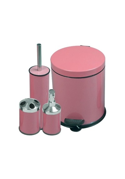 4lü Banyo Seti Pembe- Çöp Kovası+Fırça+Sabunluk+Diş Fırçalık Pembe