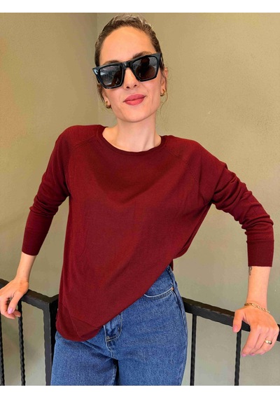 Bordo Bisiklet Yaka Basic İnce Triko