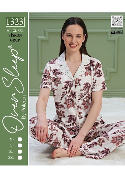 Oversleep Kadın Kısa Kol Ön Boydan Düğmeli Pijama Takımı Ekru - Gri
