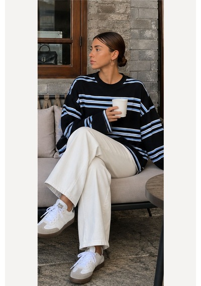 Hiccup Bıpantolon Kadın Oversize Çizgili Bisiklet Yaka Sweatshirt Siyah