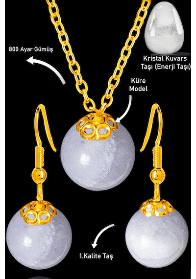 Sertifikalı Gold Küre Model Kristal Kuvars Taşı Kolye Ve Küpe Set Çok Renkli