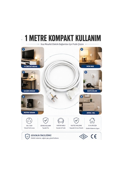 Viko Seyyar Uzatma Kablosu 1 Metre 3x2.5 Mm Cca Kablo Viko Erkek Dişi Fiş Klemensli Terminalli Topraklı Tse Ce Belgeli 1 M