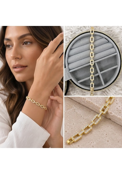 Premium Parlak Ve Şık Zirkon Taşlı Dikdörtgen Halkalı Gold Renk 316l Kadın Bileklik 20cm Altın