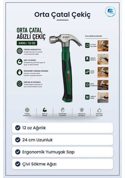 Orta Çatal Çekiç Oz 24 Cm Ergonomik Yumuşak Sap Ağızlı Çelik Kafa