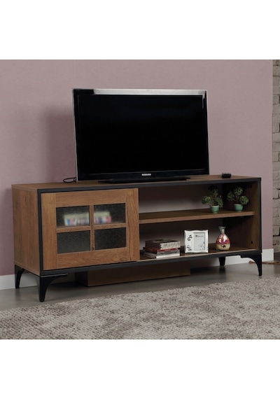 Revival Metal Ayaklı Tv Ünitesi 125Cm Meşe / Cam Sürgülü Kapaklı