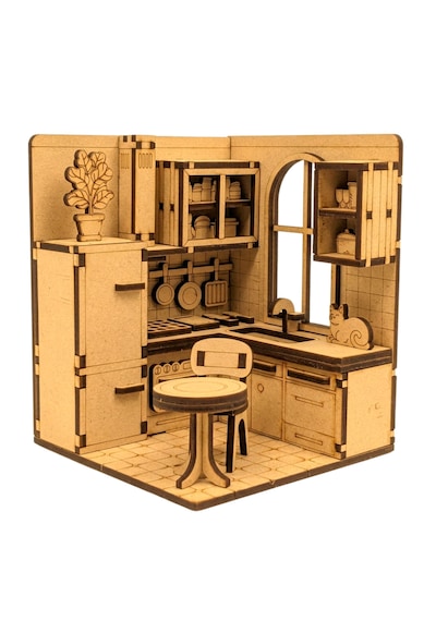 Mutfak Ahşap Maket Seti Dıy Miniatür Retro Mutfak Peri Led'li 3d Puzzle