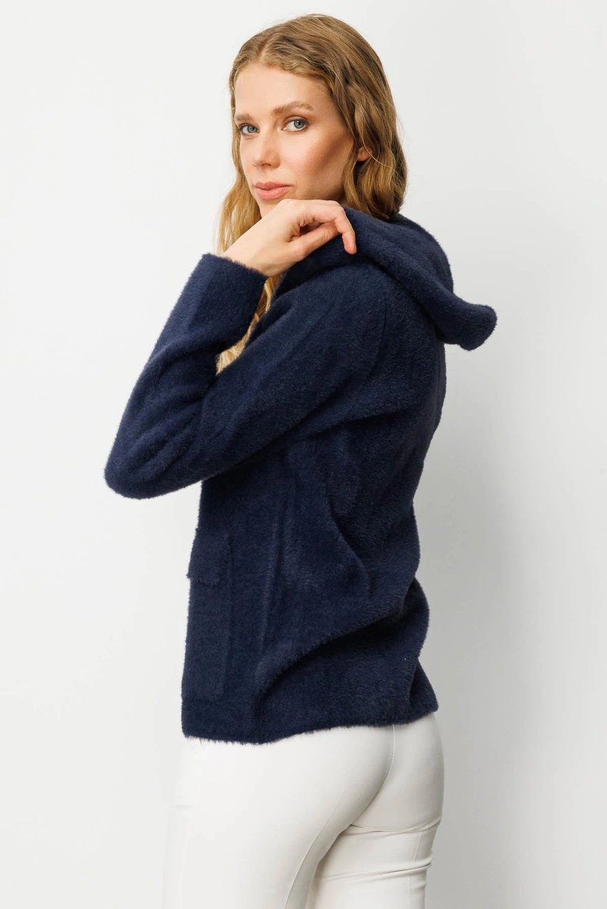 Kadın Kapüşonlu Fermuarlı Kısa Triko Sweatshirt Lacivert Lacivert