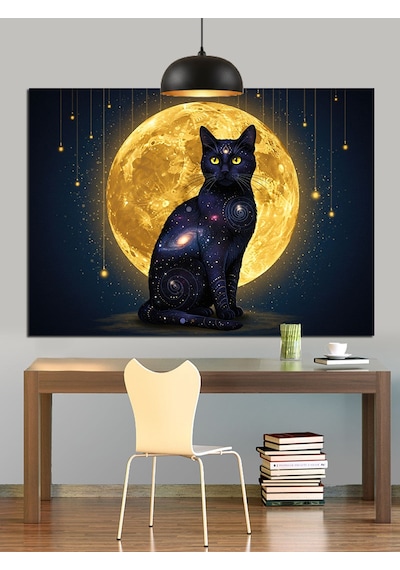 Siyah Kedi Dolunay Işığı Dekoratif Kanvas - Mdf Ahşap Tablo