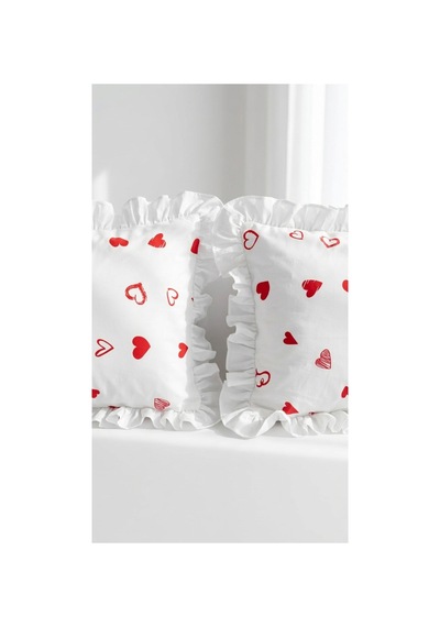 %100 Pamuklu Kalp Desenli Fırfırlı Yastık Kılıfı 2 Adet 50x70 Cm Bej - 863747383 Bej