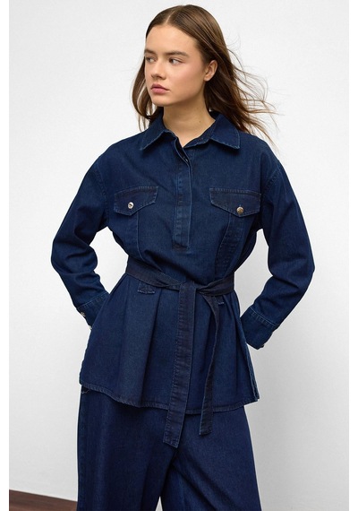Olcay Geniş Paça Pantolon Denim İkili Takım Koyu Mavi 9379-tk