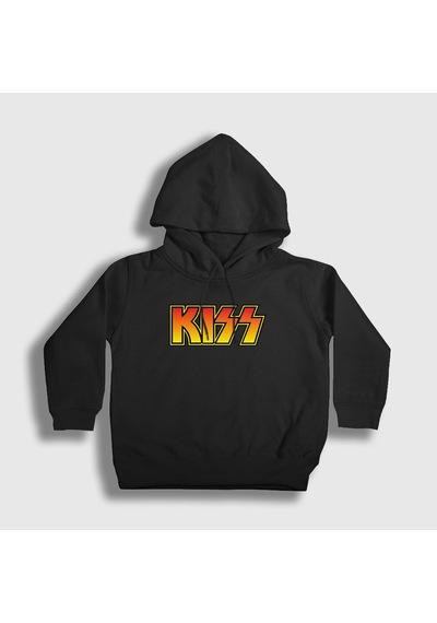 Presmono Unisex Çocuk Logo Kiss Kapüşonlu Sweatshirt Siyah