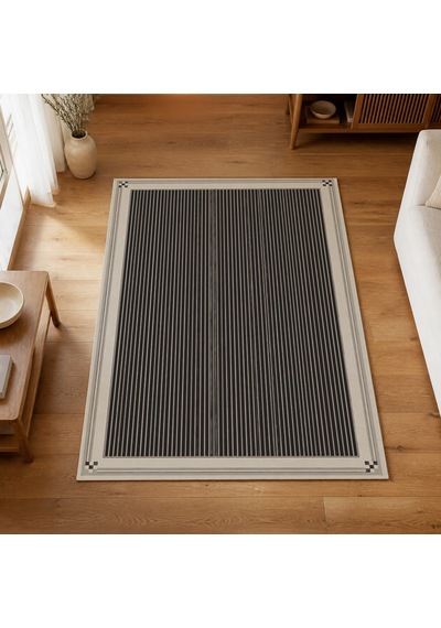 Kartela Halı İnce Çizgili Bordürlü Halı Antrasit Kaymaz Taban Makinede Yıkanabilir 160x240 Cm