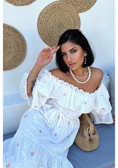 Defymoda Pembe Omuzları Lastikli Brode Elbise Pembe