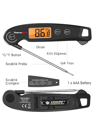 Thermopro TP605B Katlanabilir Problu Profesyonel Gıda Pişirme Termometresi-Siyah