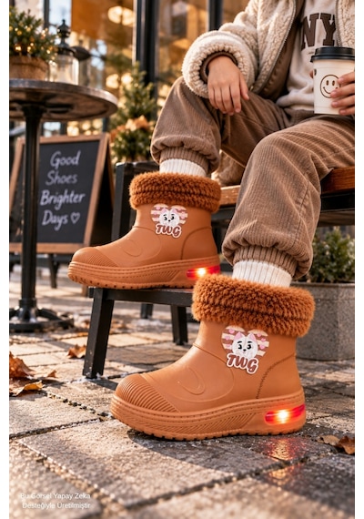 Muggo Muppy Işıklı Kürk Detaylı Unisex Çocuk Günlük Yağmur Ve Kar Botu Taba