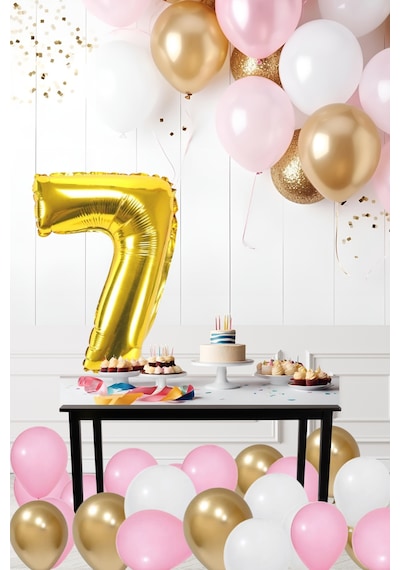 7 Yaş Retro Krom Gold Pembe Beyaz Balon Seti Gold Rakamlı Doğum Günü Balonu Şık Parti Süsleme Çok Renkli