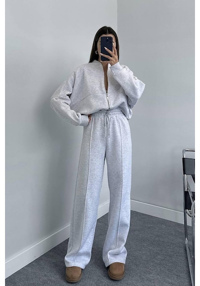 Dip Moda Kadın Pamuklu Kışlık Sweat Pantlon Eşofman Takımı Dpgts018 GRİ MELANJ