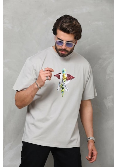 Barlashive Erkek Baskılı T-shirt Kısa Kol Bisiklet Yaka Regular Fit Rahat Kalıp Tişört - Gri Çok Renkli