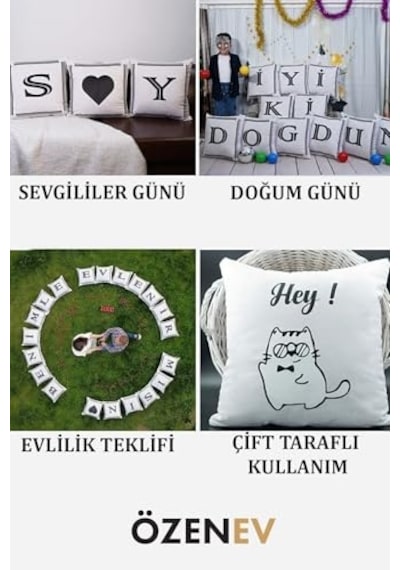 Kırlent Kılıfı Kadife 43x43 Cm Çift Taraflı M Harfi Kedi Desenli Evlilik Teklifi Doğum Günü Diğer