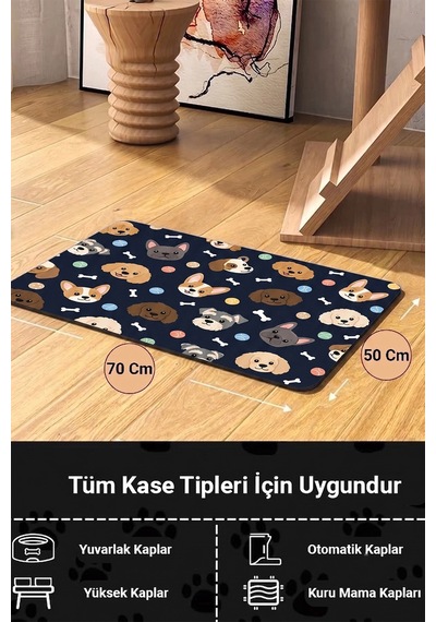 Matgo Pati Kedi Köpek Beslenme Matı 50x70cm Yumaklı Köpek Su Geçirmez Mama Kabı Altlığı Paspası