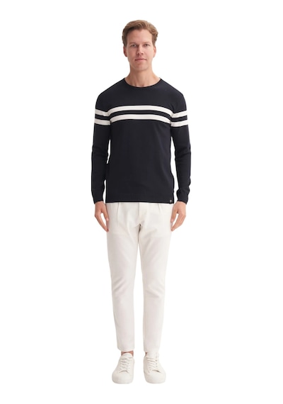 Cazador Slim Fit Viskon Kumaş Basic İki Çizgili Bisiklet Yaka Kazak Lacivert