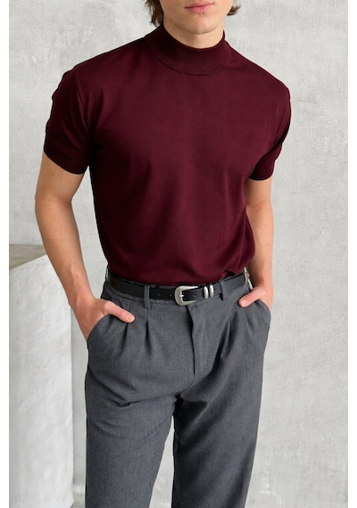 Erkek Oversize Yarım Balıkçı Triko Kısa Kol T-shirt Bordo