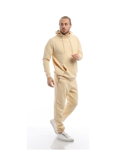 Polostate Erkek Kapüşonlu Kanguru Cepli Sweatshirt Krem