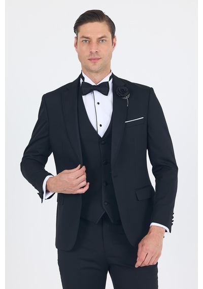 İmza Siyah Mono Yaka Tek Düğme Slim Fit Yelekli Ceremony Takım Elbise 1001250201 Siyah