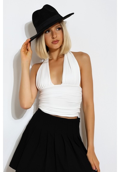 Winmoda34 Kadın Boyundan Bağlamalı Göğüs Ve Sırt Dekolteli Bluz BEYAZ