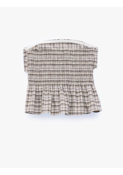 Koton Arkası Gipeli Slim Fit Katmanlı Straplez Ekose Bluz Kahverengi Ekose 7wak30016pw Kahverengi Ekoseli