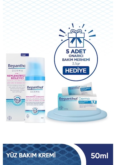 Bepanthol Derma Çok Kuru ve Hassas Ciltler İçin Günlük Yüz Bakım Kremi 50 ML + Onarıcı Bakım Merhemi 5 x 3.5 G