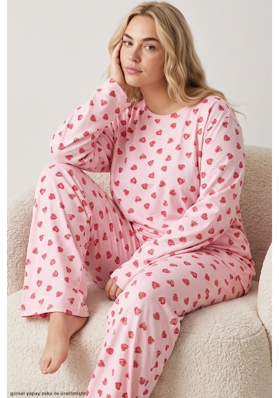 Siyah İnci Baskılı Büyük Beden Battal Boy Örme Pijama Takım 8089 Kırmızı Kalp