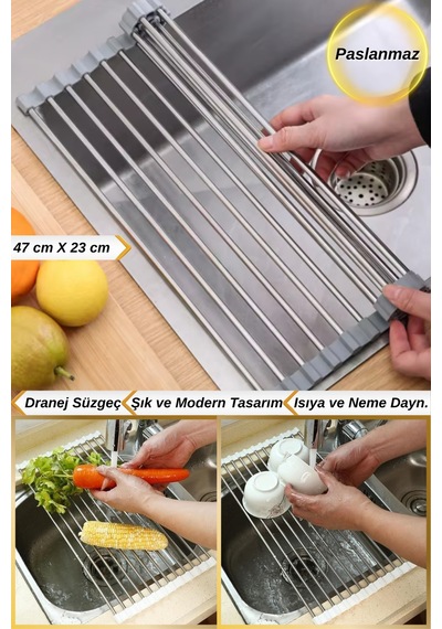 47 Cm Ayarlanabilir Evye Lavabo Üstü Katlanabilir Sebze Meyve Bulaşık Kurutma Nihalesi Krom - 680358701 Krom