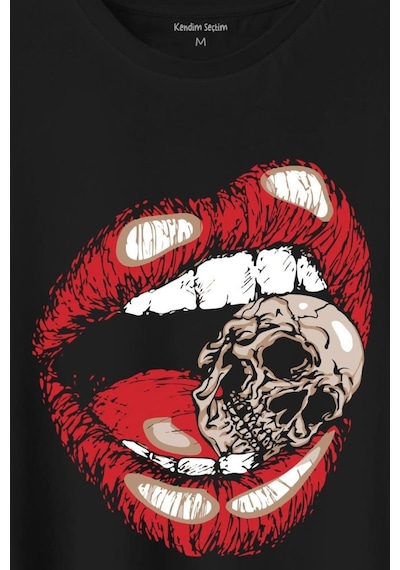 Skull Kuru Kafa Wampir Dudak Kadın Dudağı Baskılı Tişört Unisex T-shirt 001