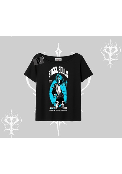 Startmore Kayık Yaka Tshirt Anime Cyberpunk Kız Baskılı Siyah