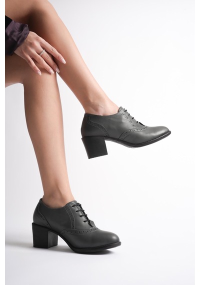 Analin Shoes Kadın Hakiki Deri Bağcıklı Klasik Topuklu Ayakkabı Gri
