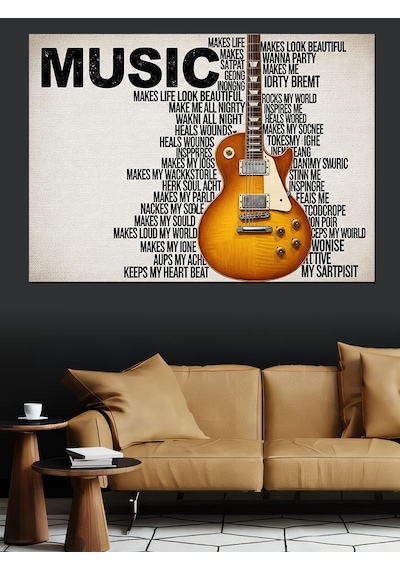 Müzik Yazılarıyla Çevrili Gitar Çizimi Dekoratif Kanvas - Mdf Ahşap Tablo