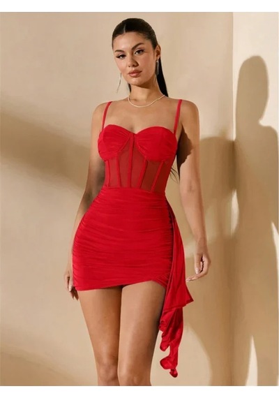 Angbutik Özel Şık Tasarım Kırmızı Korse Görünümlü Mini Club Elbisesi