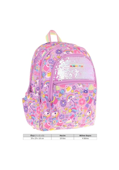 Kaukko Kids Kız Çocuk Lila - Pullu Sweet Desenli Dört Gözlü Okul Sırt Çantası - L5215 Lila