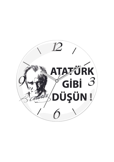 Atatürk Gibi Düşün Çap 30cm Sessiz Akar Bombeli Gerçek Cam Duvar Saati Siyah