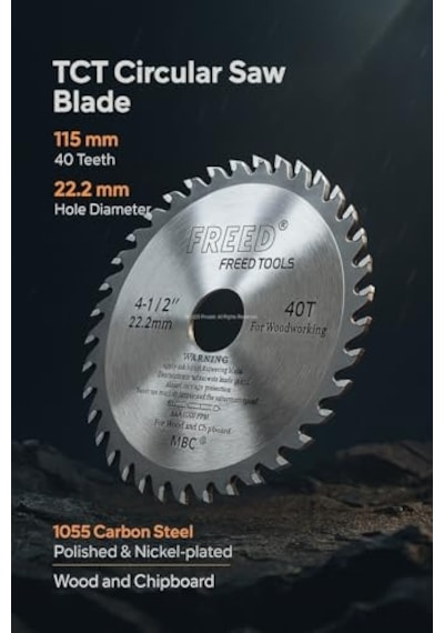Tct Daire Testere Diski, 115 Mm, 40 Diş, 22.2 Mm Delik Çapı, 1055 Karbon Çelik, Krom Vanadyum Yüzeyli, Parlatılmış Ve Nikel Kaplamalı, Ağaç Ve Sunta İçin, Kesim Bıçağı