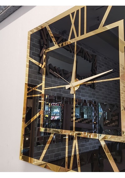 Ayna Denizi Golden Quare Black Model Altın Siyah Renk 60 CM x 60 CM Dekoratif Aynalı Duvar Saati Siyah