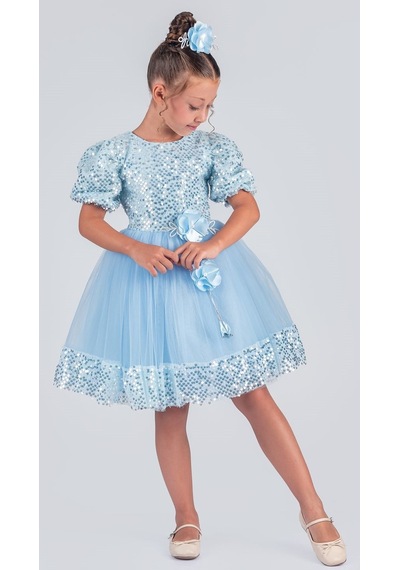 Mnk Baby & Kids Kız Çocuk Etek Ucu Pullu Venna Abiye Elbise M00761 Mavi