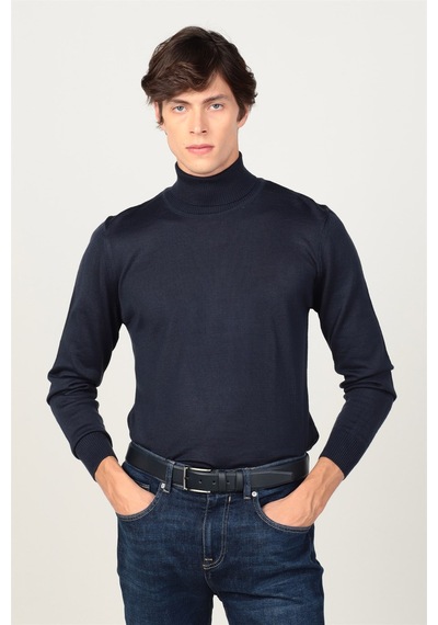 Tudors Slim Fit Dar Kesim Tam Boğazlı Yaka Düz Yün Erkek Kazak-23917 Lacivert