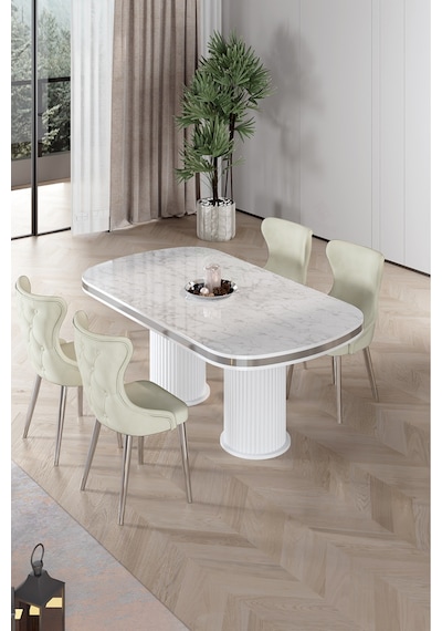 Canisa Galya Serisi Lak Panel 90x168 Sabit Beyaz Mermer Desen Mutfak Masa Takımı 4 Sandalye Beyaz Mermer Masa Krem Sandalye Canisa Galya Serisi Lak Panel 90x168 Sabit Beyaz Mermer Desen Mutfak Masa Takımı 4 Sandalye Beyaz Mermer Masa Krem Sandalye