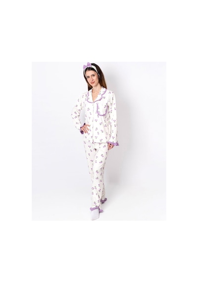 Bebegen Kadın Anne Ekru Mor Lale Desenli Fırfırlı Bandanalı Pijama Takımı Çok Renkli