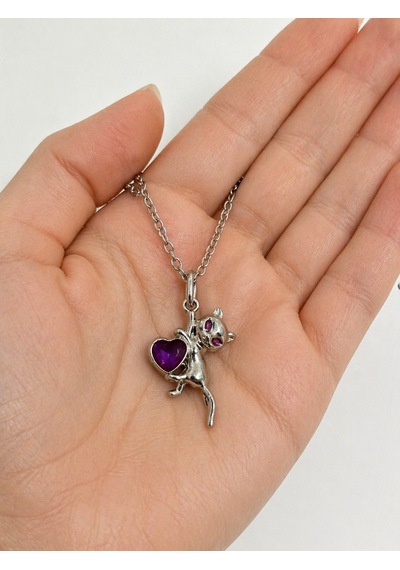 Gotik Kedi Figürlü Mor Kalp Detaylı Metal Kolye Unisex Çok renkli