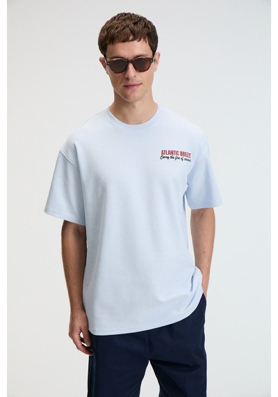 Grimelange YUM Erkek Oversize Baskılı Yuvarlak Yaka Mavi T-Shirt