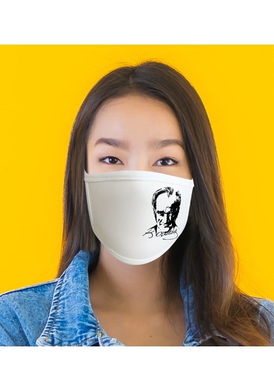 Atatürk Desenli Yıkanabilir Maske Beyaz - Siyah