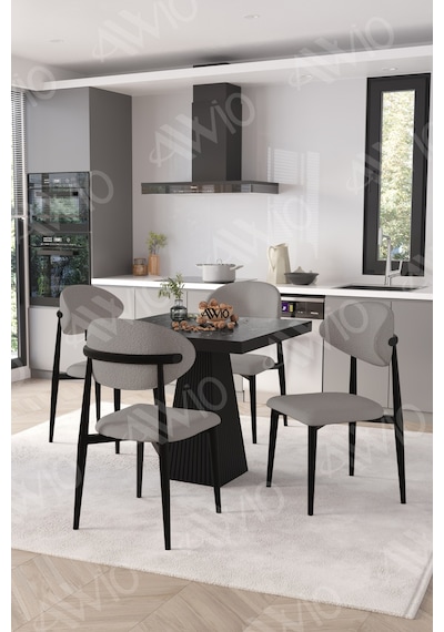 Avvio Marven Siyah Polo Metal Sandalye 90x90 Kare Yemek Masası Mutfak Masası Masa Sandalye Takımı Siyah Mermer